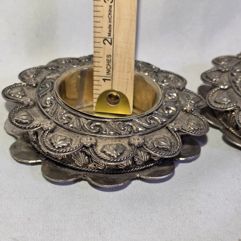 Vintage Set Ornate Silver Toned‎ Candle Holder Trinket Dish Wine Holder Decor